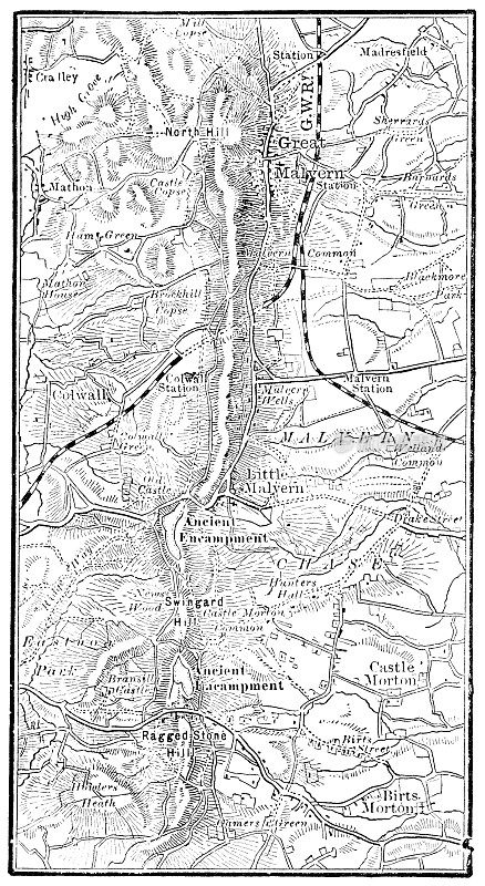 英国莫尔文山古董地图- 19世纪